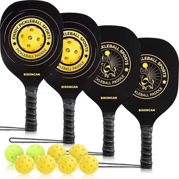BISONCAN Pickleball Paddle Set/4 Wooden Paddles/8 Balls/1 Carry Bag - Picture 2 of 4